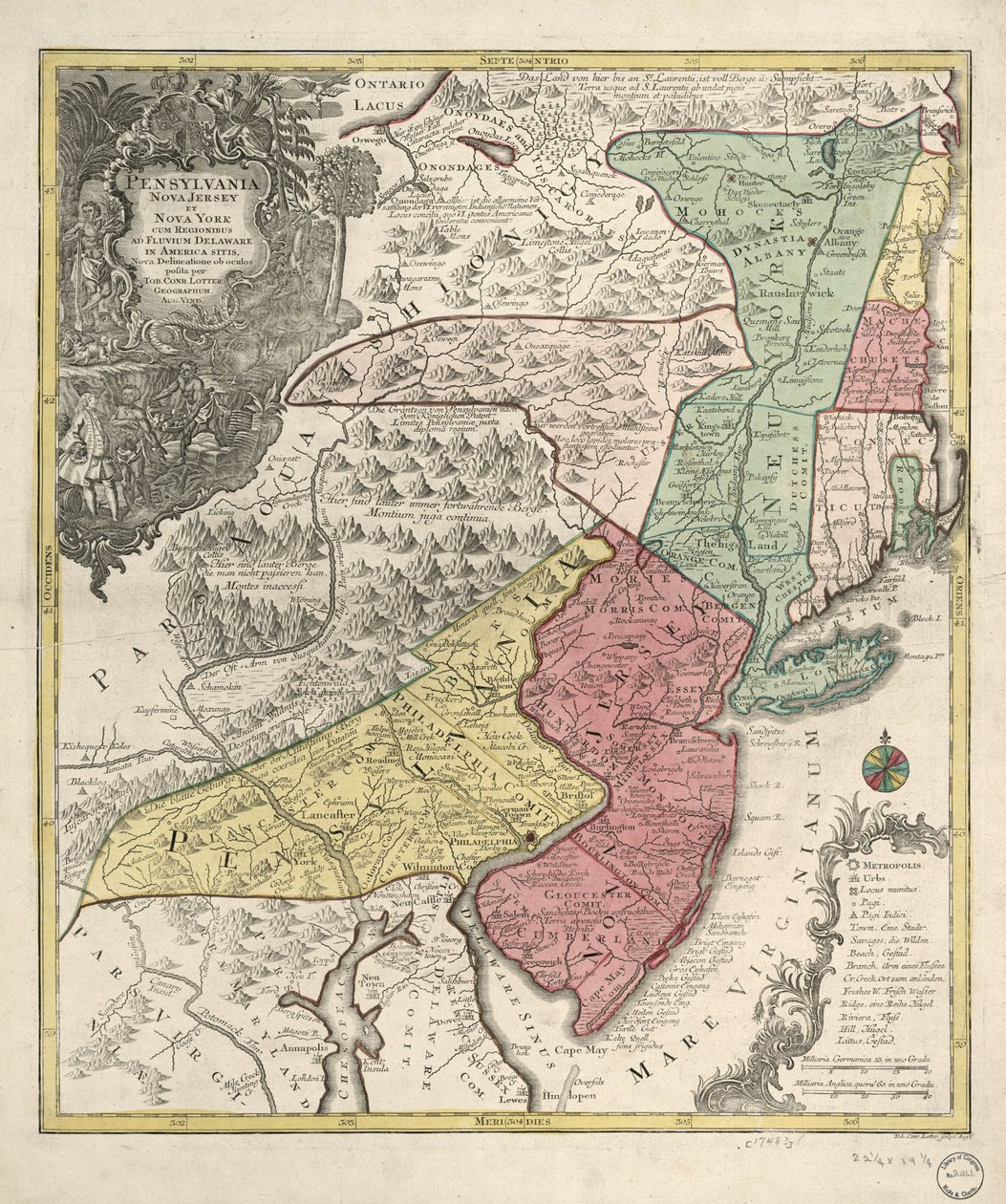 Rölyef resimli olarak gösterilmiştir. Ayrıca New England (çarpık) ve kuzey Chesapeake bölgesini de kapsar. Latince başlık; Almanca ve Latince notlar; Latince, Almanca ve İngilizce efsane. Tanımlanamayan meridyen. Kol ile gösterilen iller. yıkar; il ve ilçe by Tobias Conrad Lotter