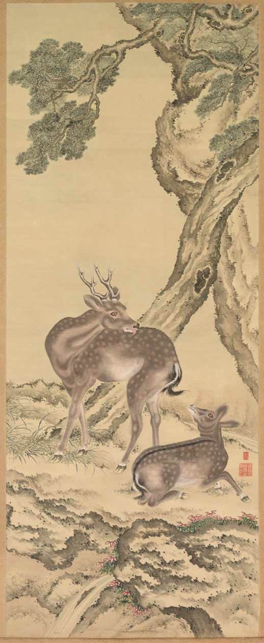 Uzun Ömür Sembolleri: Şeftali Altında Geyik ve Pine Şeftali kaldı, 1801. by Toda Tadanaka