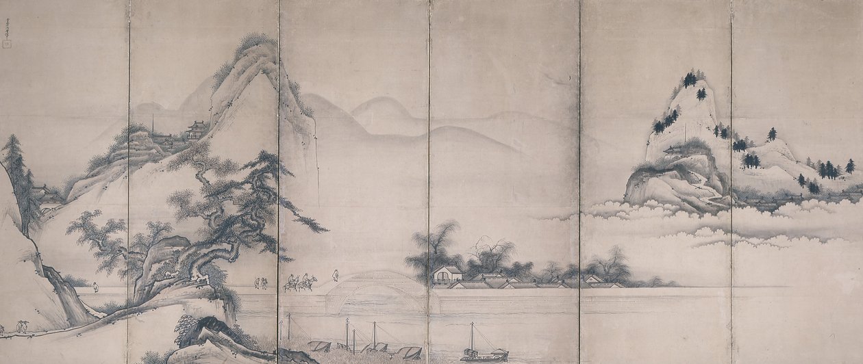 Lakeside Bridge'de Gezginler (kağıt üzerine mürekkep ve renkli, altı katlı ekran) by Toetsu Toetsu