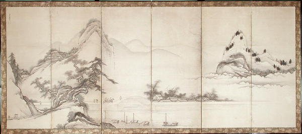 Göl kıyısındaki bir köprüde gezginler, yaklaşık 1700 (kağıt üzerine mürekkep ve renkli) by Toetsu Toetsu