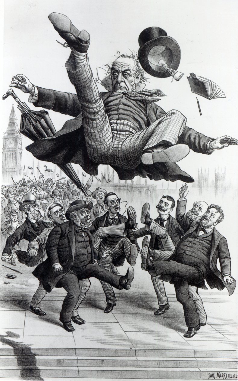 Gladstone being kicked out of parliament, c.1894  by Tom Merry
