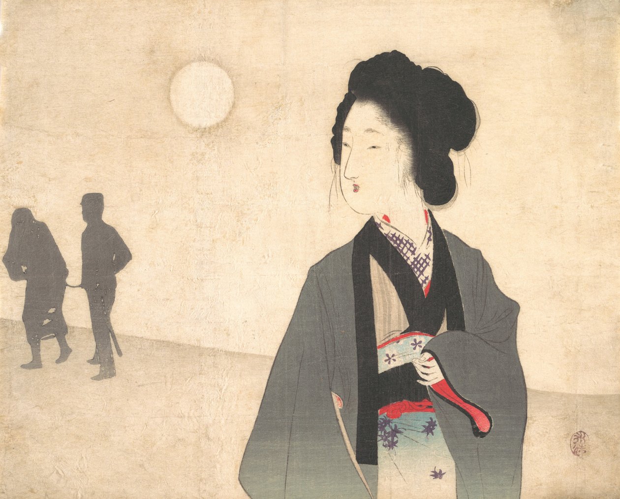 Genç Kadın, 20. yüzyılın başlarında Uzaklaştırılan Bir Erkek Mahkûmun Siluetine Bakıyor. by Tomioka Eisen