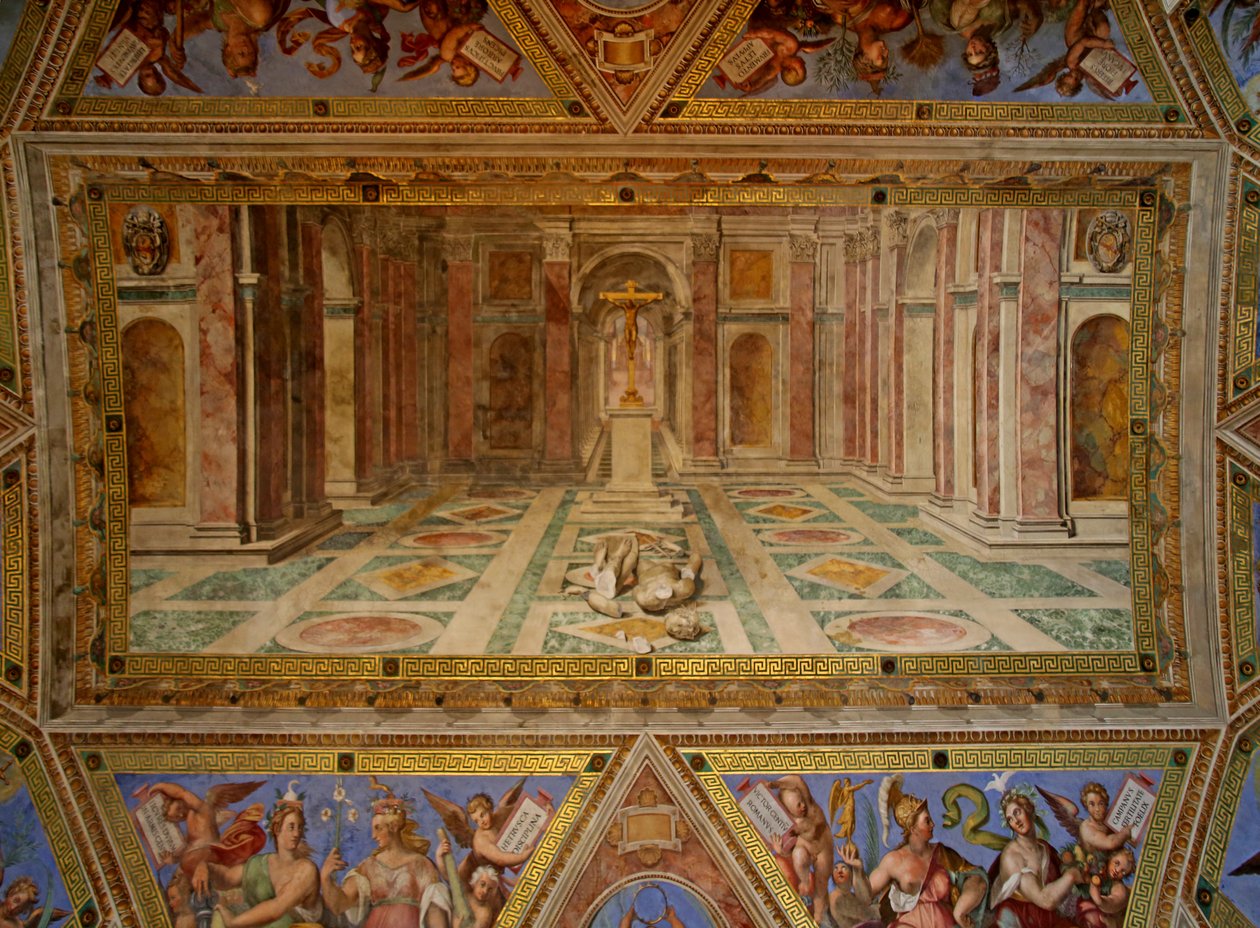 The ceiling of the Constantine Room: the Fall of the idols and the triumph of Christianity, 1582  by Tommaso Laureti
