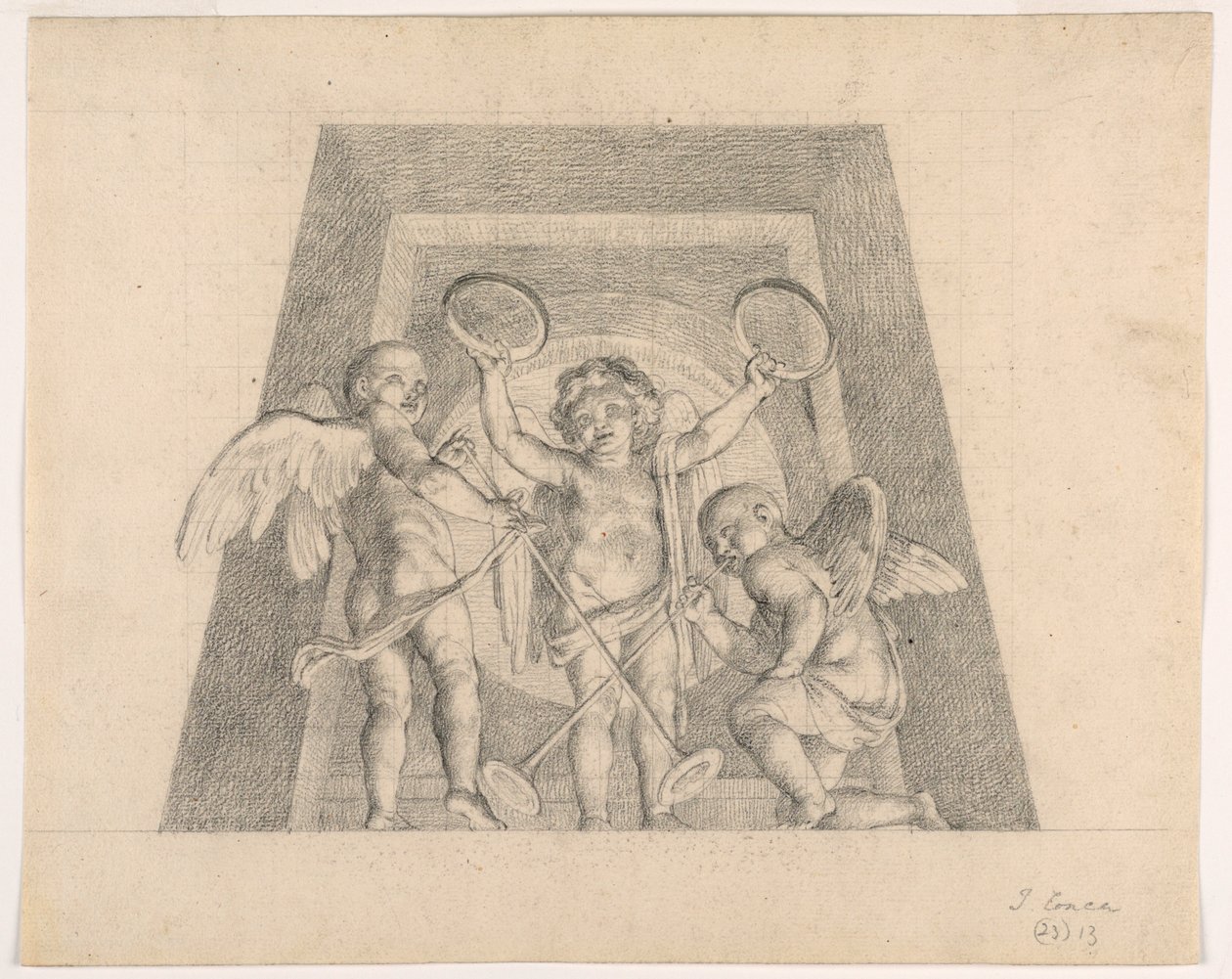 Tef ve Trompetli Üç Putti, Sala delle Muse Lunette için Tasarım, Museo Pio-Clementino, Vatikan by Tommaso Maria Conca