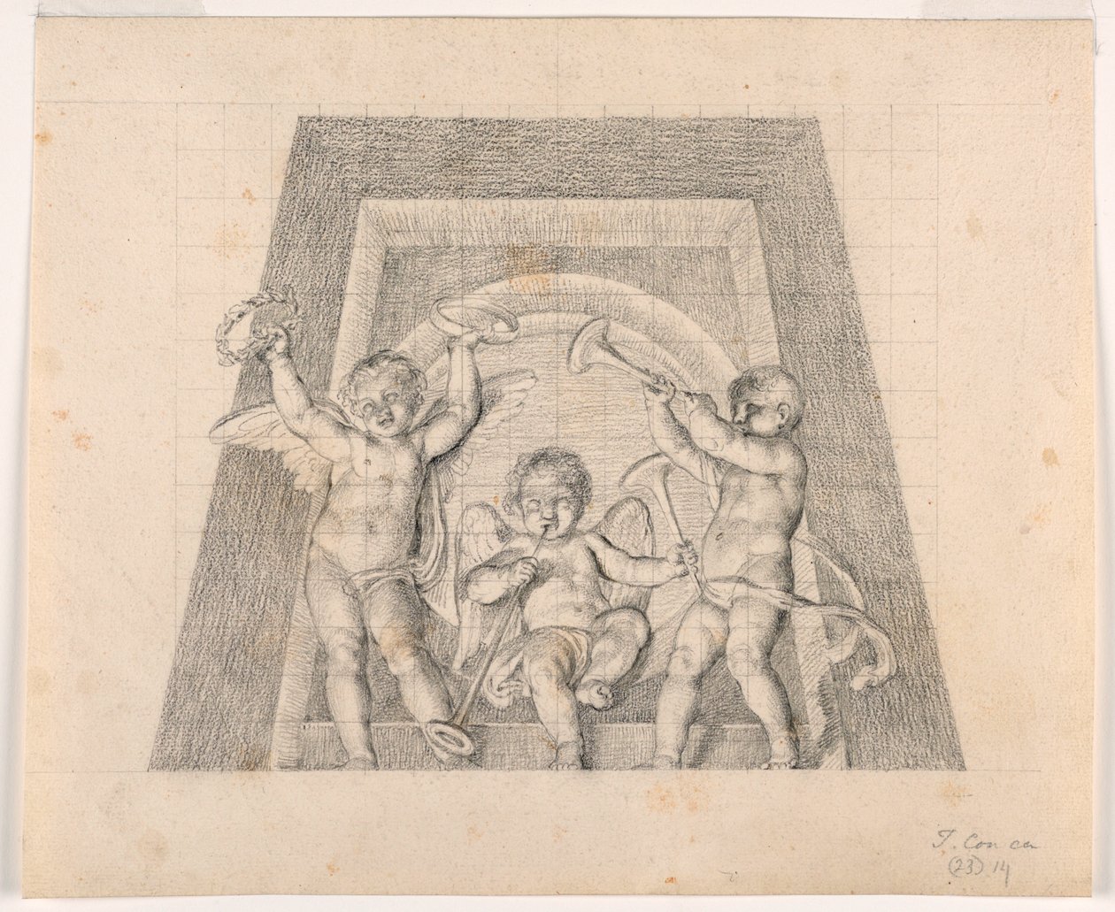 Trompetli Üç Putti, Sala delle Muse Lunette için Tasarım, Museo Pio-Clementino, Vatikan by Tommaso Maria Conca