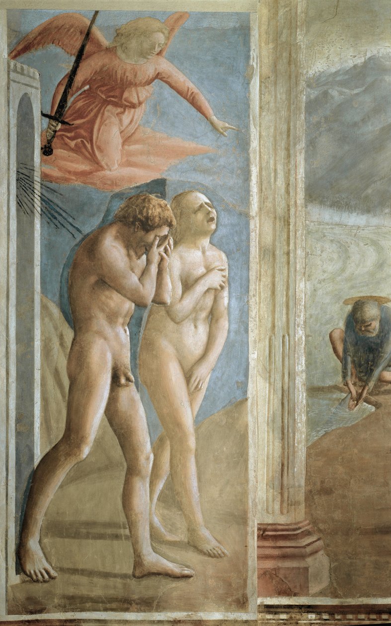 Cennet Bahçesinden Atılma (La Cacciata) - Adem ve Havva Cennet Bahçesinden avlanır - Fresk Tommaso di ser Giovanni di Mone Cassai dit Masaccio (1401-1428), 208x88 cm by Tommaso Masaccio