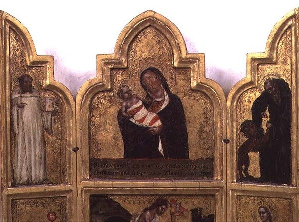 St. Benedict ve St. Jerome ile Madonna ve Çocuk, triptiğin üst yarısı (ayrıca bkz. 78652) by Tommaso da Modena Barisino or Rabisino