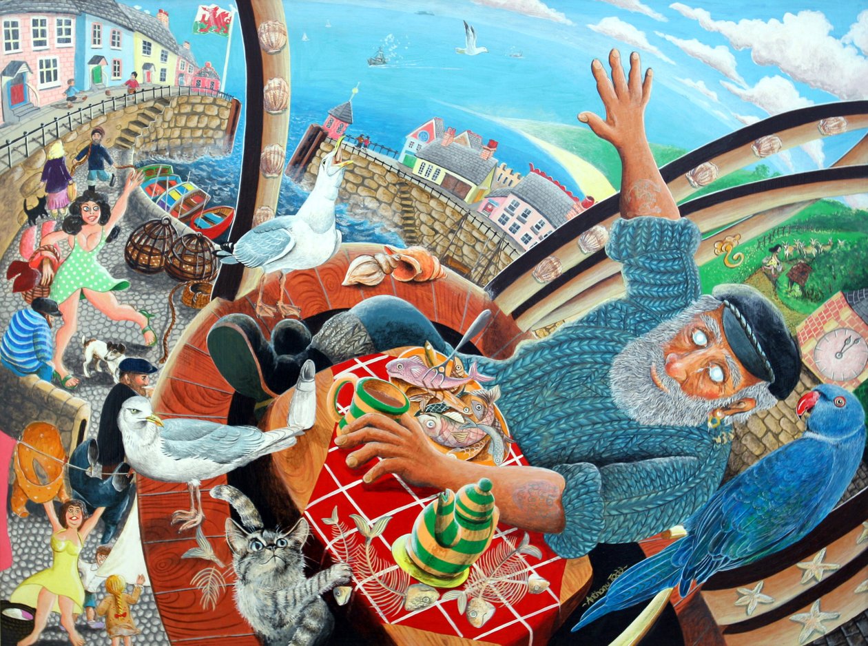 Kaptan Kedi körü körüne köy yaşamının geçtiğini görüyor, 2005 (panelde akrilik) by Tony Todd