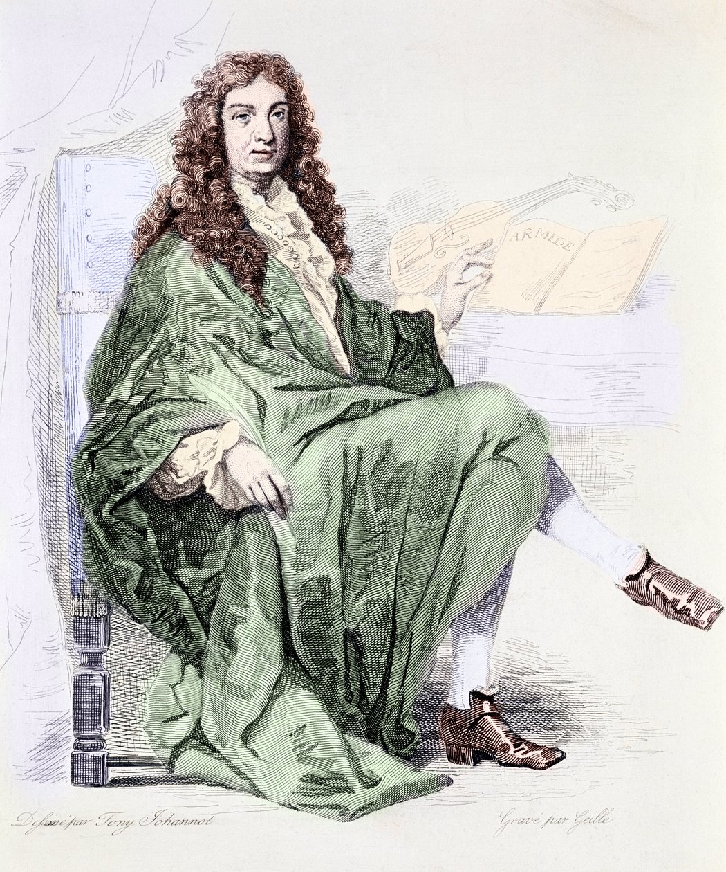 Kral Louis XIV sarayında besteci Giovanni Battista Lulli veya Jean-Baptiste Lully'nin (1632-1687) portresi - Gravür (Besteci Jean Baptiste Lully'nin Portresi) Özel koleksiyon by Tony (after) Johannot