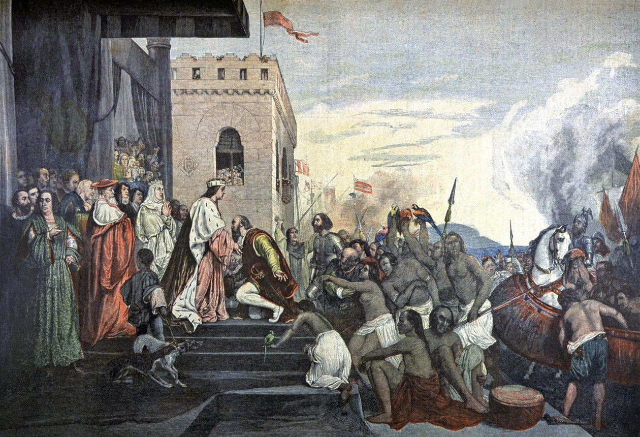 Kristof Kolomb'un Barselona'daki İspanyol mahkemesi tarafından kabulü by Tony (after) Robert Fleury