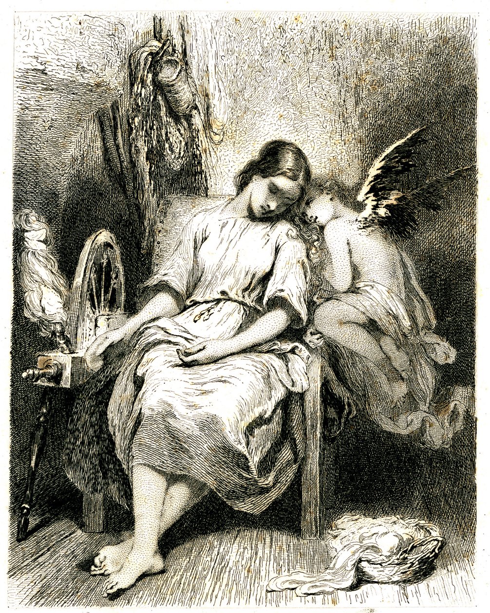 Genç kadın (iplikçi) çarkının başında uyuyor - bir melekot omzunun üzerinden eğiliyor - uyku - rüya - hayal - aşk - Tony Johannot (Antoine Johannot dit) tarafından gravür (gravür 1845) by Tony Johannot