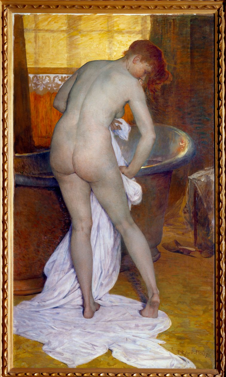 Banyo. Banyo sahnesi: Küvetten çıkan bir kadın, çıplak vücudunu bir havluyla siliyor. Tony Robert Fleury