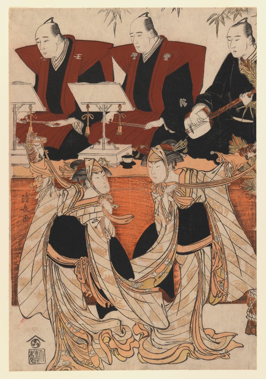 Two actors as Iwai Hanshiro IV and Segawa Kikunojo III in the Karukoma dance, accompanied by Joruri recitation, c.1783 (colour woodblock print) by Torii Kiyonaga