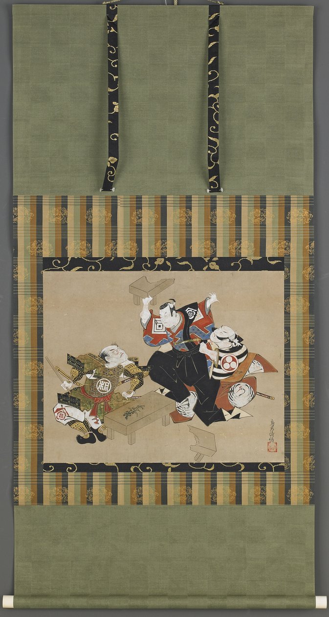 Bir Kabuki oyunundan sahne, Edo dönemi (kağıt üzerinde mürekkep, renk ve altın) by Torii Kiyonobu I Torii Kiyonobu I
