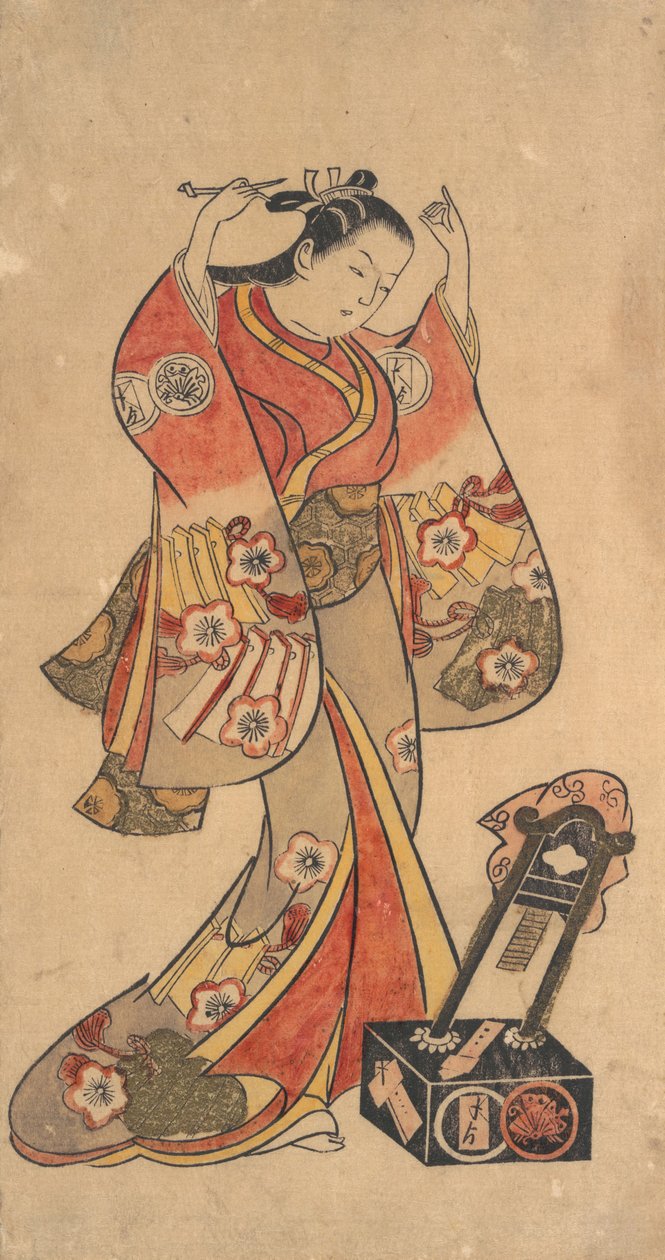 Portrait of Sanjo Kantaro in the Female Role of Yaoya Oshichi in the Play Fuji no ..., ca. 1730-40. by Torii Kiyomasu II.