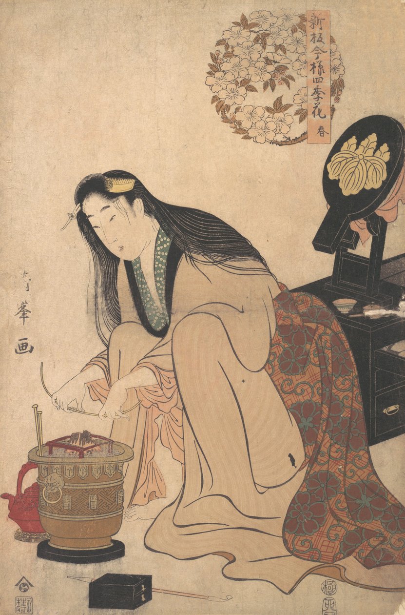 Saçlarını Takmak İçin Tapınakların Üzerindeki Saçlara Binsashi Desteği Düzenleyen Bayan, ca..., ca. 1808. by Torii Kiyomine
