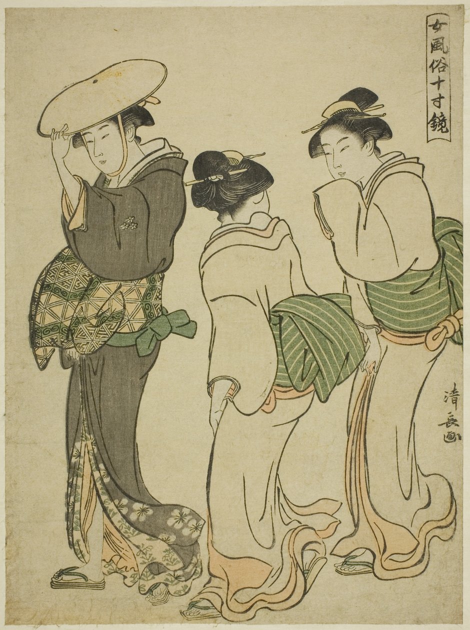 Bir Kadın ve İki Hizmetçi, "Kadınsı Davranışların Aynası (Onna fuzoku masu kagami)" dizisinden by Torii Kiyonaga
