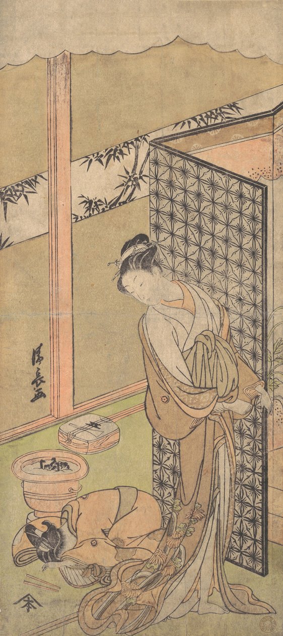 Gece Kıyafetleri İçinde Bir Oiran, Duruyor, Bir Eli Yatağını Çevreleyen Ekranda,..., yakl. 1770. by Torii Kiyonaga