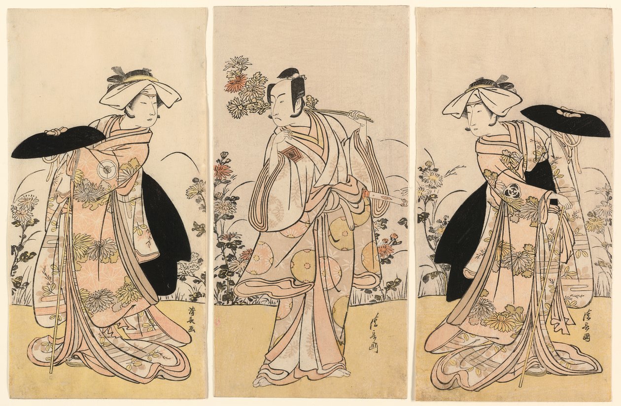 Moto Mishi Yuki Sakae Hachi-no-ki (Nidaime Bando Mitsugoro no Tennen no mansaku-) dramasından sahnede Tennen no Mansaku-kitsune rolünde Bando Mitsugoro II ve Nikaido Shinanonosuke rolünde Ichikawa Monnosuke III ve Okura no Kojoro-kitsune rolünde Iwai Hansh by Torii Kiyonaga