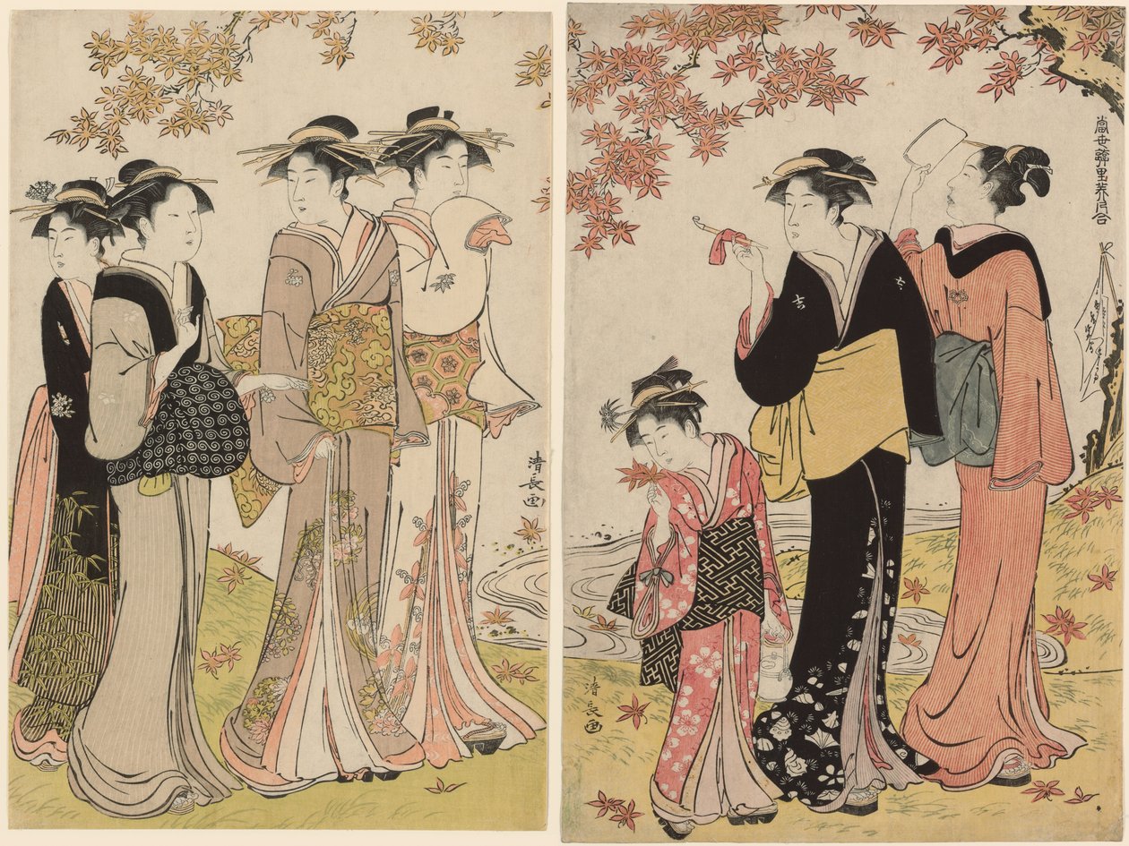 Akçaağaç Ağacının Altındaki Güzeller, "Zevk Alanlarının Çağdaş Güzellikleri Koleksiyonu (Tosei yuri bijin awase)" serisinden by Torii Kiyonaga