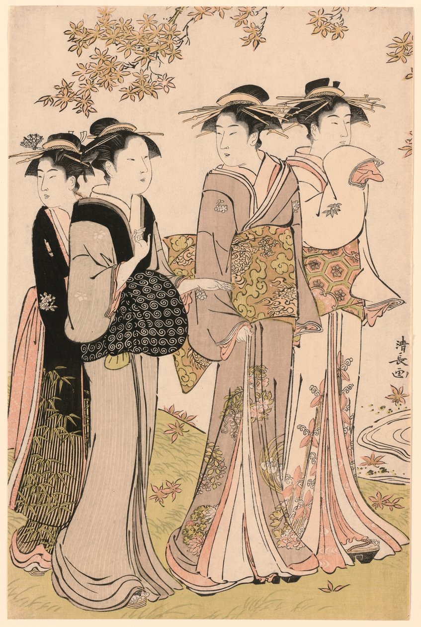 Akçaağaç Ağacının Altındaki Güzeller, "Zevk Alanlarının Çağdaş Güzellikleri Koleksiyonu (Tosei yuri bijin awase)" serisinden by Torii Kiyonaga