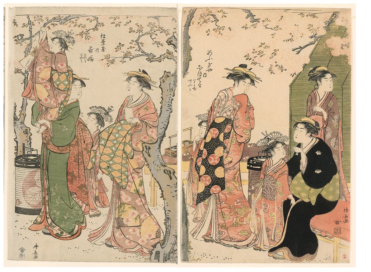 Çiçek Açan Kiraz Ağaçlarının Altında Nezaketçiler ve Çocuk Refakatçiler by Torii Kiyonaga