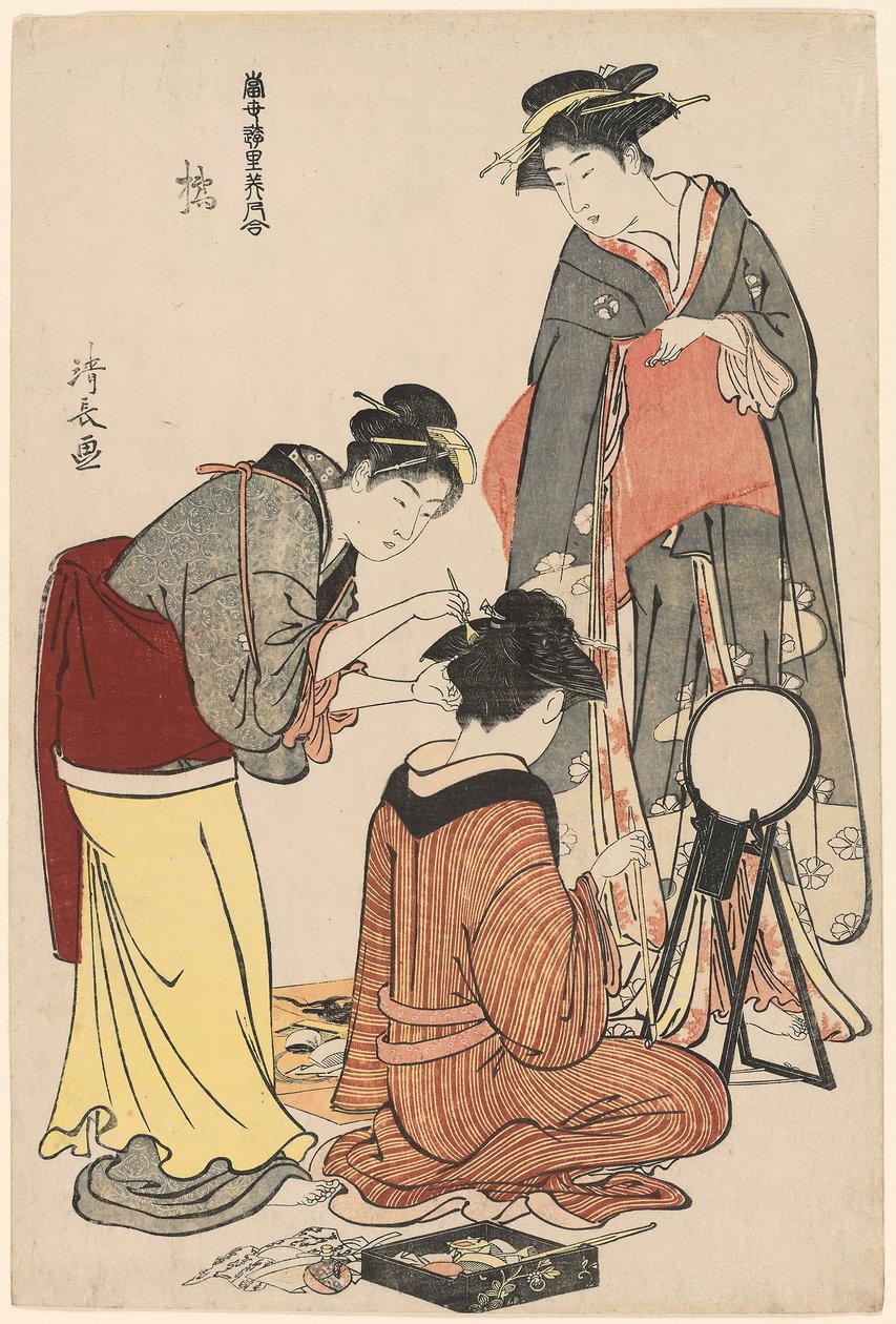 "A Collection of Contemporary Beauty of the Pleasure Quarters (Tosei yuri bijin awase)" serisinden Tachibana eğlenceleri, c.1782 (renkli tahta baskı; oban) by Torii Kiyonaga