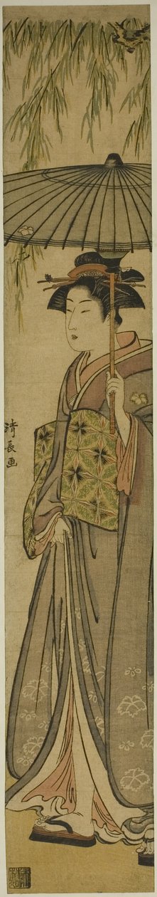 Söğüt Ağacının Altında Şemsiye Taşıyan Geyşa by Torii Kiyonaga