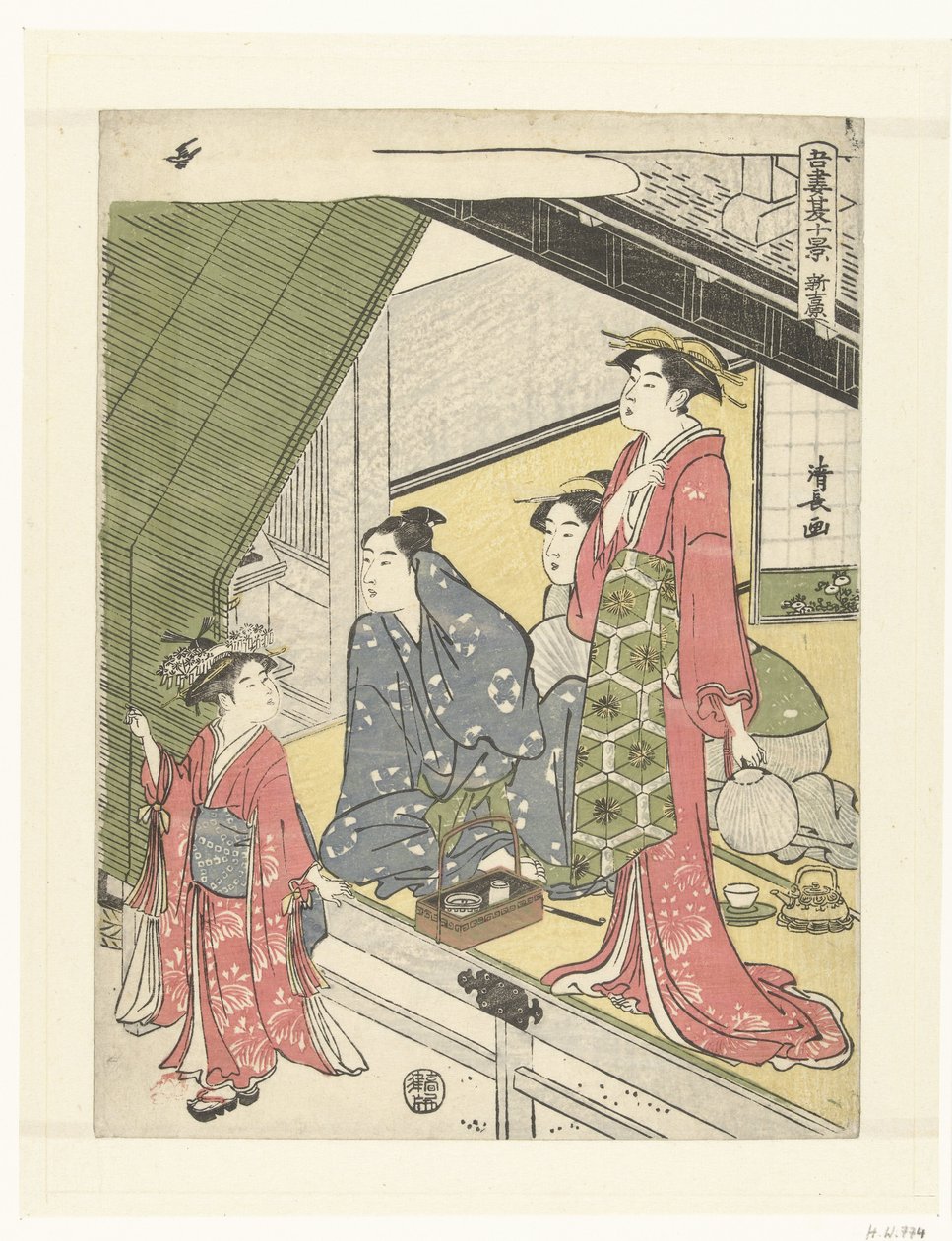 Yeni Yoshiwara Shin Yoshiwara (nesne üzerindeki başlık) Doğu Başkentinde On Yaz Manzarası (dizi adı) Azuma natsu jukkei (nesne üzerinde dizi başlığı) by Torii Kiyonaga