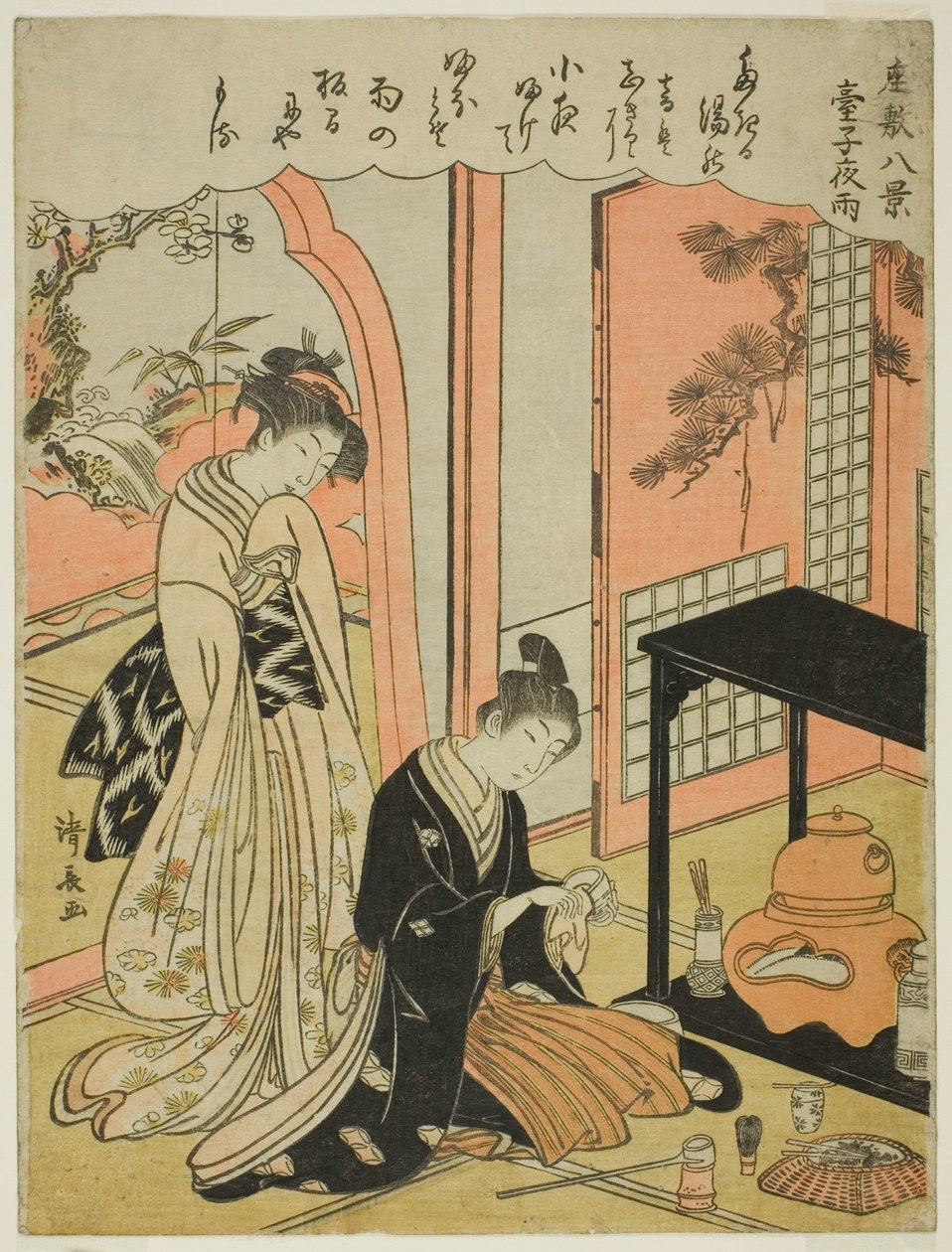 "Salonda Sekiz Sahne (Zashiki hakkei)" dizisinden Çay Standında Gece Yağmuru by Torii Kiyonaga
