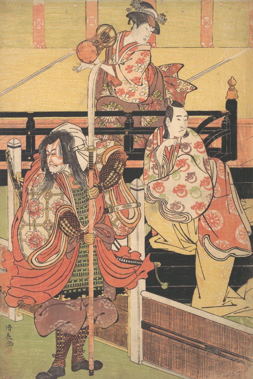 Balkonda Bir Kadın Oturmuş Tsuzumi Çalıyor, Daimyo Kostümlü Bir Adamın Altında Deniz..., ca. 1790. by Torii Kiyonaga