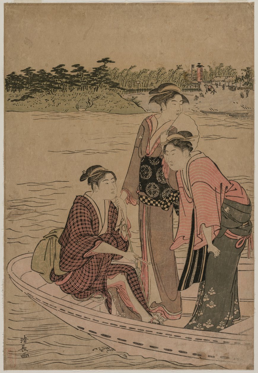 Sumida Nehri üzerinde bir Feribot Teknesinde Yolcular by Torii Kiyonaga
