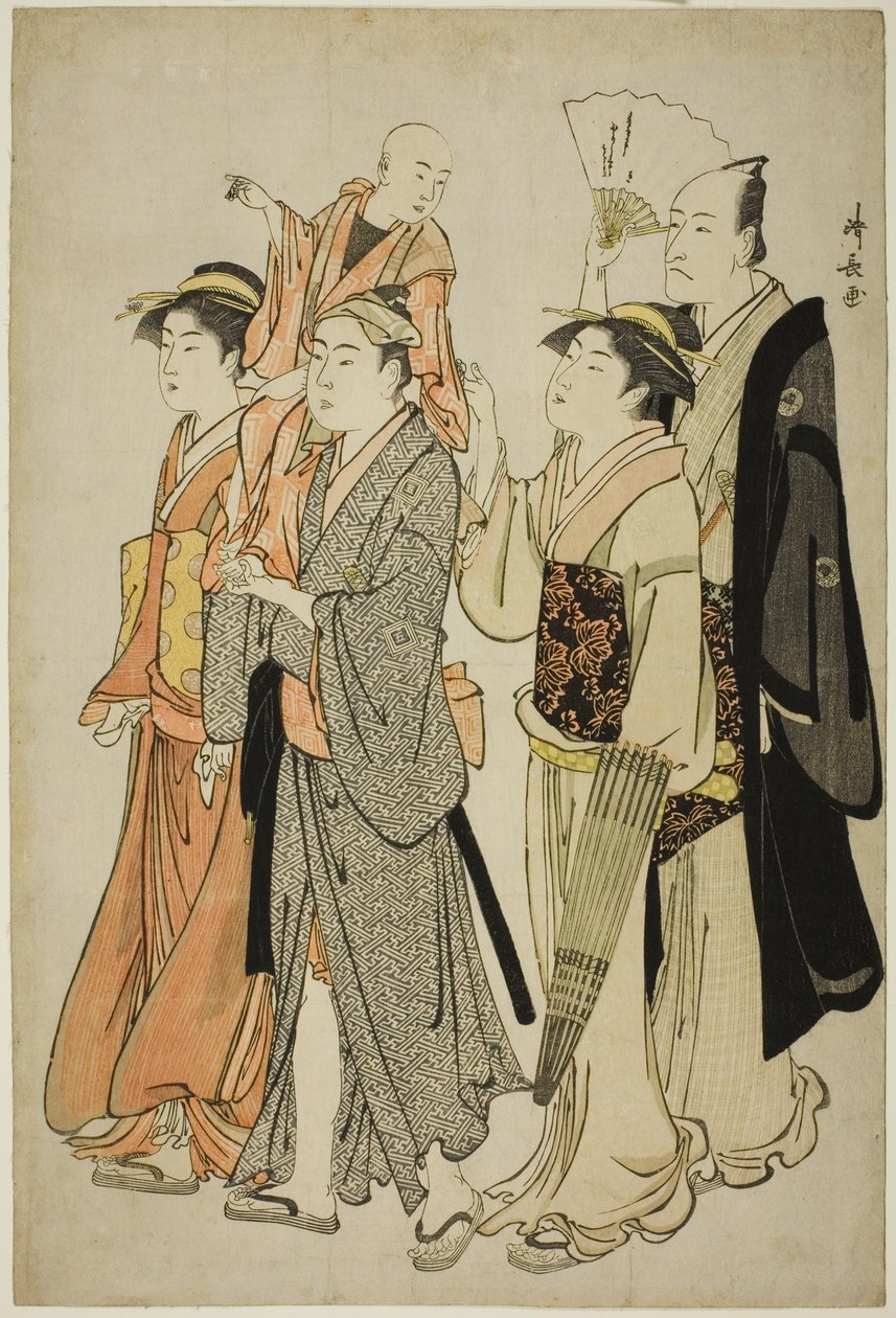 Aktör Ichikawa Danjuro V ve ailesi, özel yaşamdaki Aktörleri gösteren başlıksız dört baskı dizisinden by Torii Kiyonaga