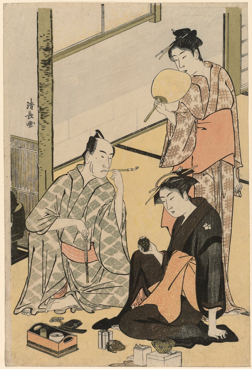 Aktör Matsumoto Koshiro IV, ailesiyle birlikte, özel hayatta Aktörleri gösteren dört baskılık bir diziden by Torii Kiyonaga