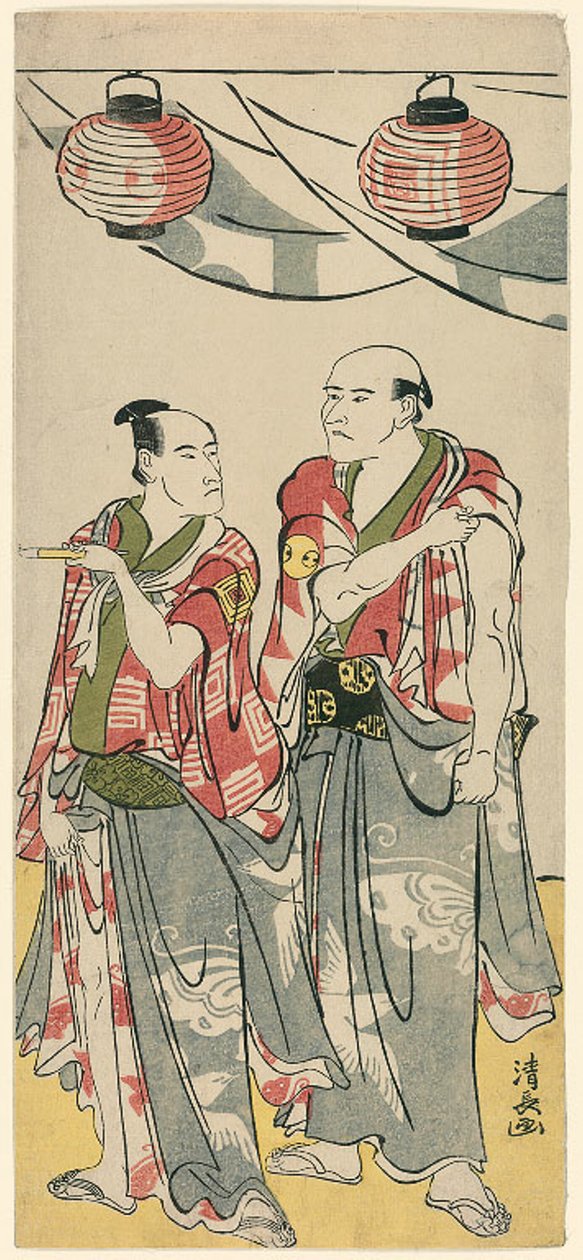 Aktörler Arashi Ryuzo II ve Ichikawa Komazo III, Soga kardeşlerin türbesinin festivalini kutlayan on bir aktörden oluşan bir beşli parçadan by Torii Kiyonaga