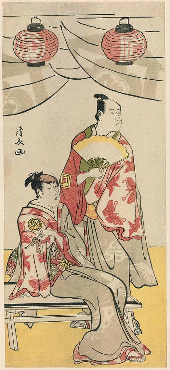 Soga kardeşlerin tapınağının festivalini kutlayan on bir aktörün beşli bir parçasından Aktörler Ichikawa Monnosuke II ve Segawa Kikunojo III by Torii Kiyonaga