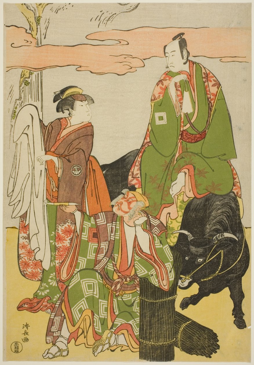 Aktörler Ichikawa Monnosuke II, Miyukinosuke olarak, Segawa Kikunojo III, Hatsune-hime olarak ve Ichikawa Danjuro V, Ninnaji no Saibei olarak, joruri "Shitenno Oe no Yamairi"de Kiri Tiyatrosu'nda, 1785 by Torii Kiyonaga