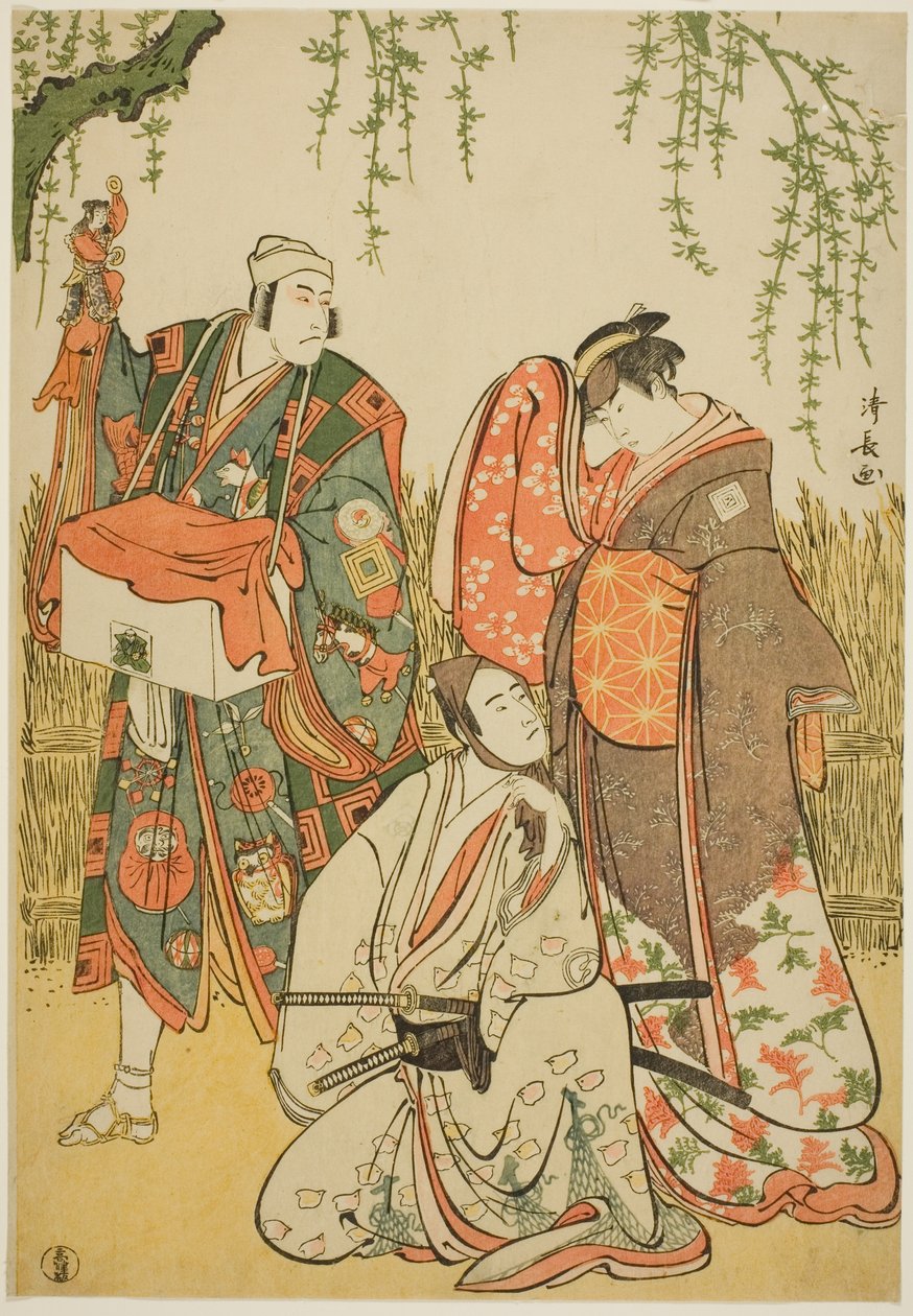 Aktörler Shiragiku olarak Ichikawa Yaozo III, kuklacı Dekurokubei olarak Ichikawa Danjuro V ve Soga no Juro olarak Sawamura Sojuro III, joruri "Shinobukoi Yanagi no Katsura Otoko"da Nakamura Tiyatrosu