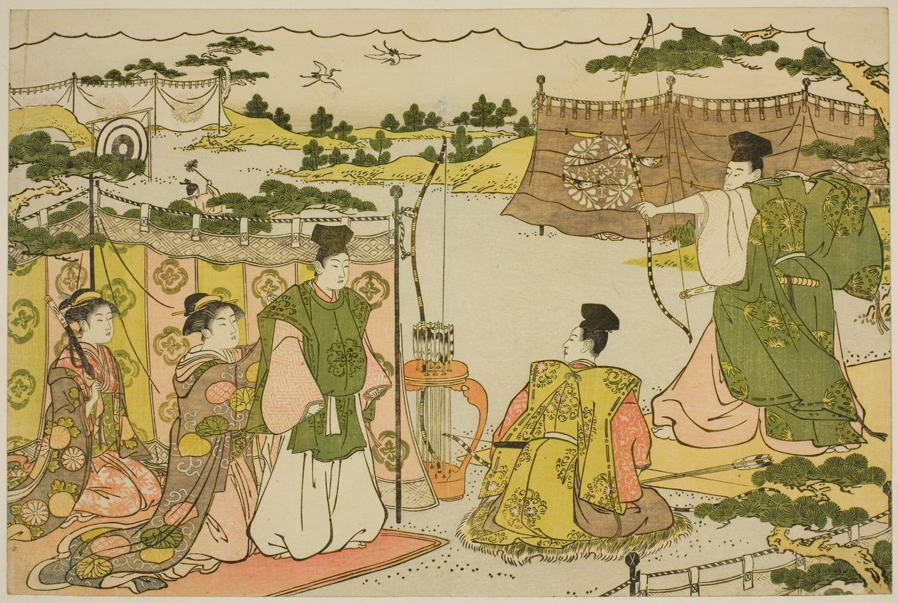 "Üçlü Şafağın Renkleri (Saishiki mitsu no asa)" adlı resimli kitaptan Yeni Yılın İlk Okçuluk Antrenmanı (Yumi hajime) by Torii Kiyonaga