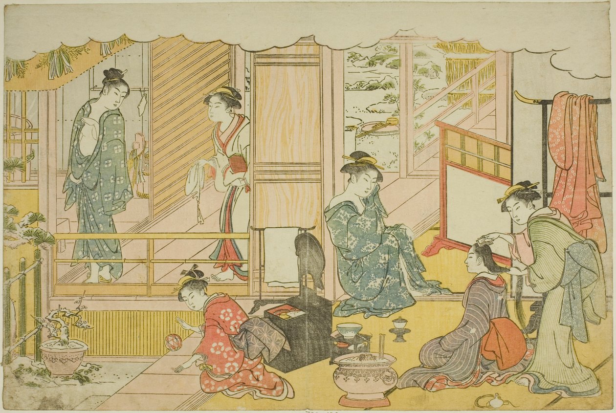 Yeni Yılın İlk Banyosu (Yudono hajime), "Üçlü Şafağın Renkleri (Saishiki mitsu no asa)" adlı resimli kitaptan by Torii Kiyonaga
