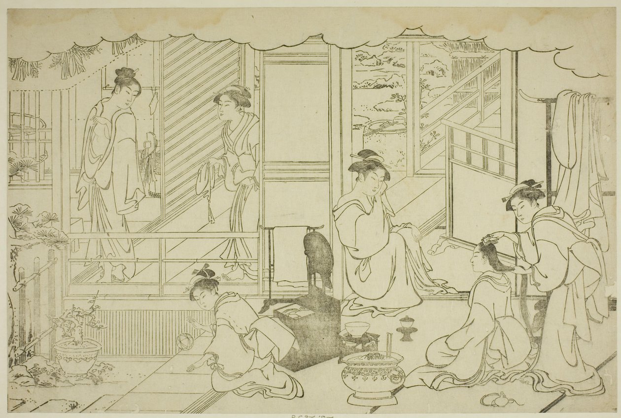 Yeni Yılın İlk Banyosu (Yudono hajime), "Üçlü Şafağın Renkleri (Saishiki mitsu no asa)" adlı resimli kitaptan by Torii Kiyonaga
