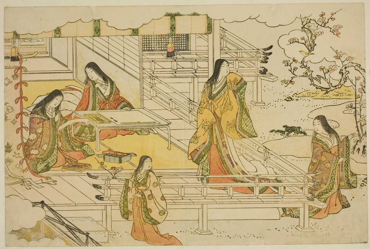 Yeni Yılın İlk Kaligrafisi (Kissho hajime), "Üçlü Şafağın Renkleri (Saishiki mitsu no asa)" adlı resimli kitaptan by Torii Kiyonaga