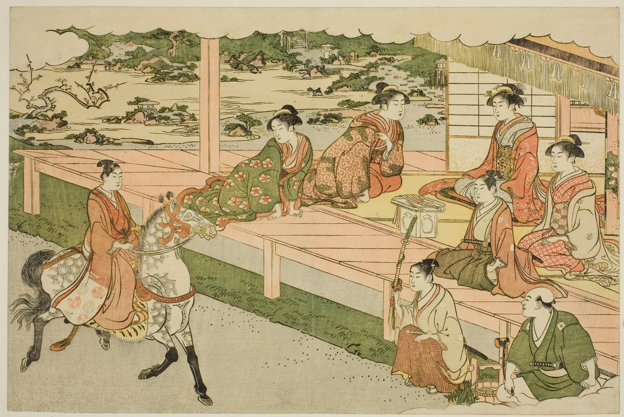 "Üçlü Şafağın Renkleri (Saishiki mitsu no asa)" adlı resimli kitaptan Yeni Yılın İlk At Binişi (Uma norizome) by Torii Kiyonaga