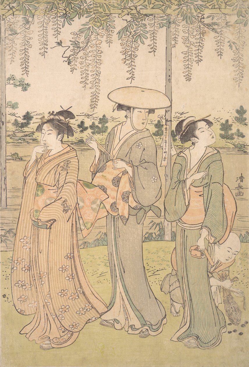 Bir Derenin Kıyısında Bir Wisteria Çardak Altında Üç Kadın ve Bir Küçük Oğlan, yaklaşık. 1790. by Torii Kiyonaga