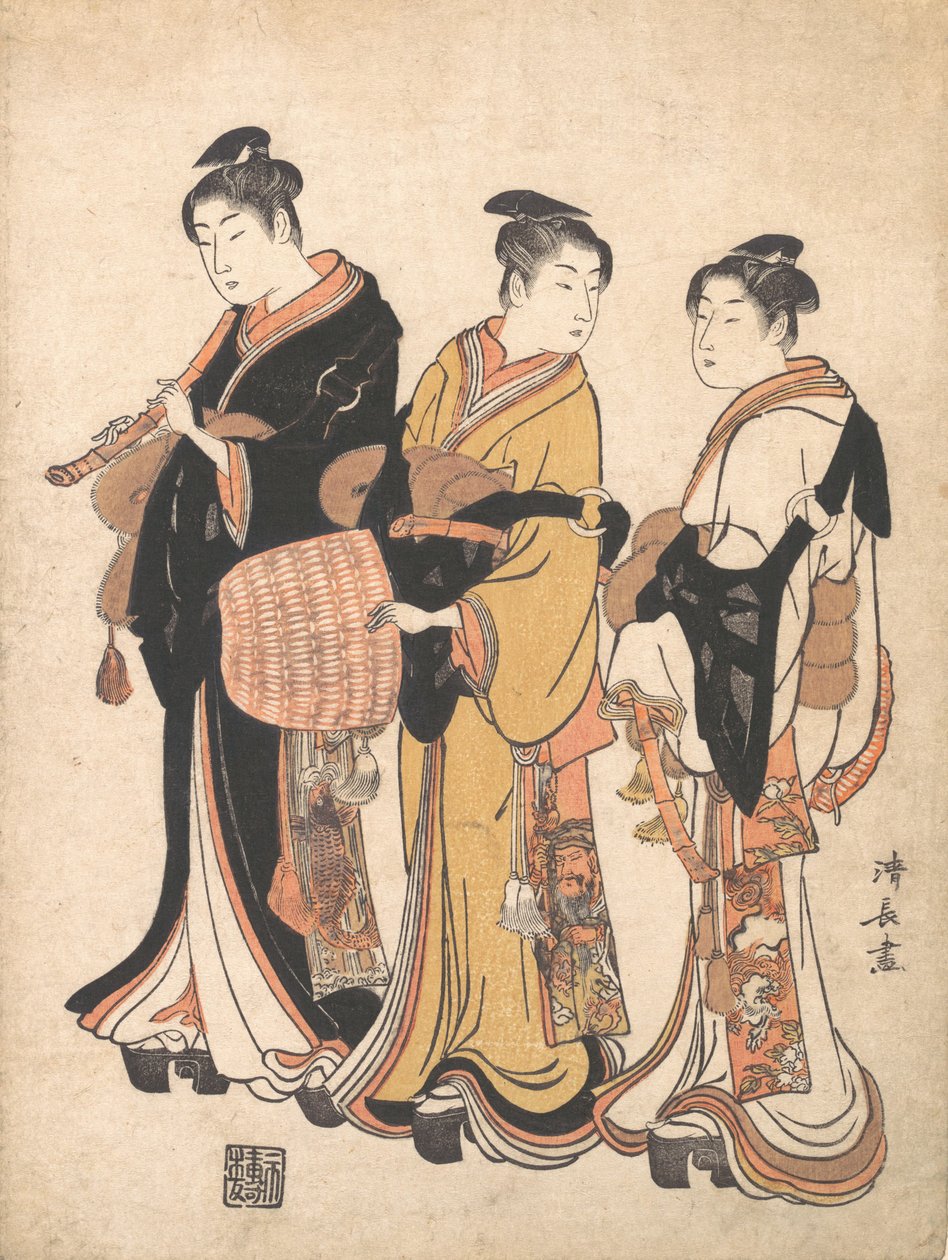 Komuso Gezinti Ozan kılığına giren Üç Genç Kadın, yaklaşık. 1778. by Torii Kiyonaga