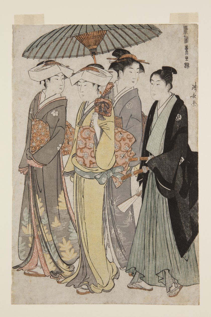 Hizmetçi Kadın ve Genç Adamla Bir Sancaktarın İki Kızı (renkli tahta baskı) by Torii Kiyonaga