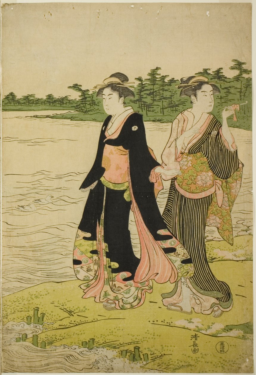 Sumida Nehri Üzerinde Vapur Bekleyen İki Kadın by Torii Kiyonaga