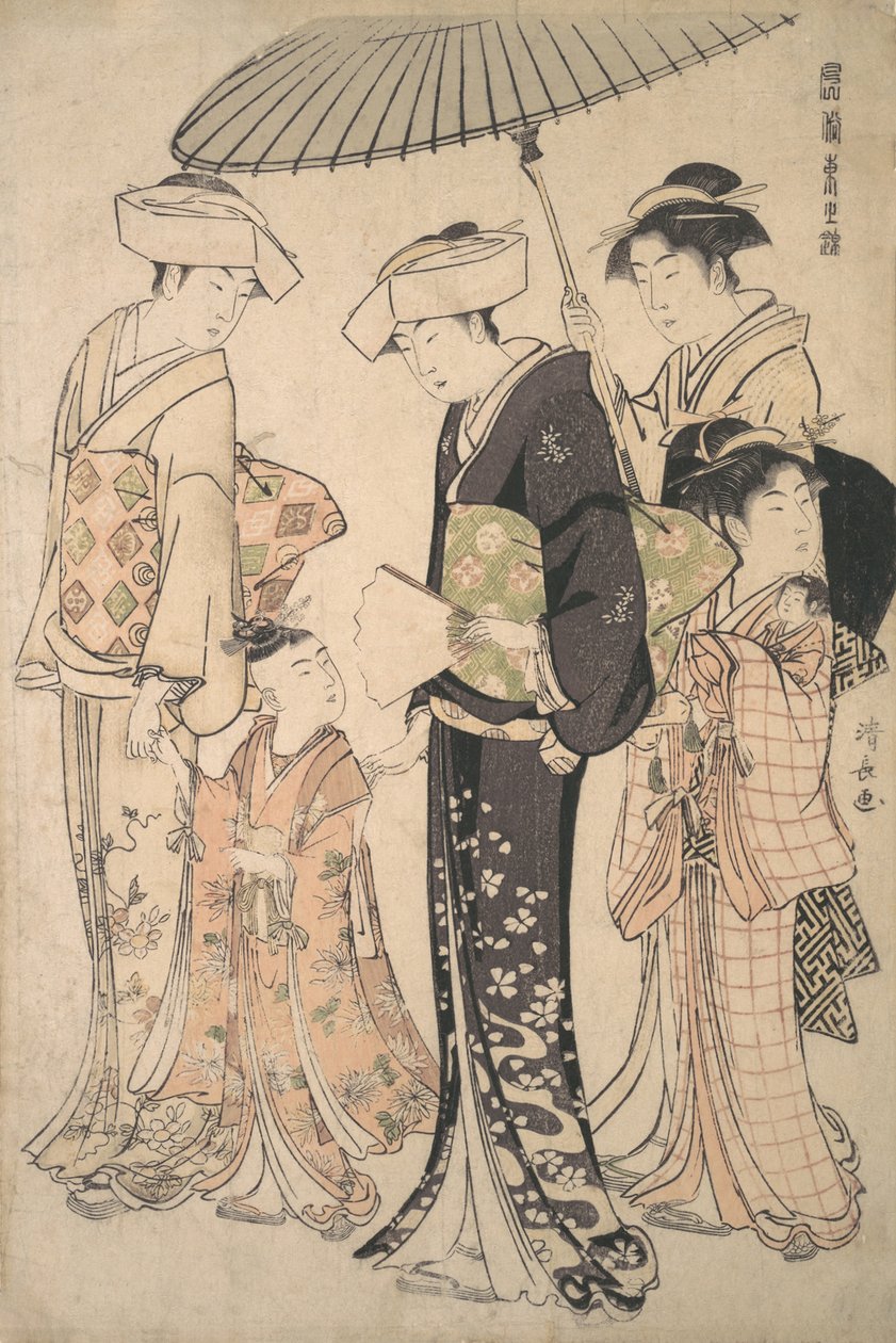 Yaz Kostümlü İki Kadın Genç Bir Kızı Miya Mairi için Şinto Tapınağına Götürüyor ..., ca. 1783. by Torii Kiyonaga