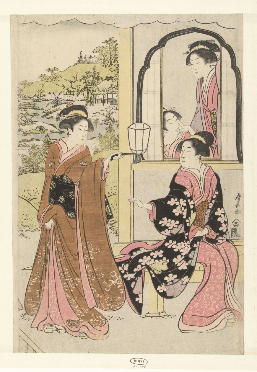Dört nedime Yoshitsune'nin flüt çalmasını dinliyor by Torii Kiyonaga
