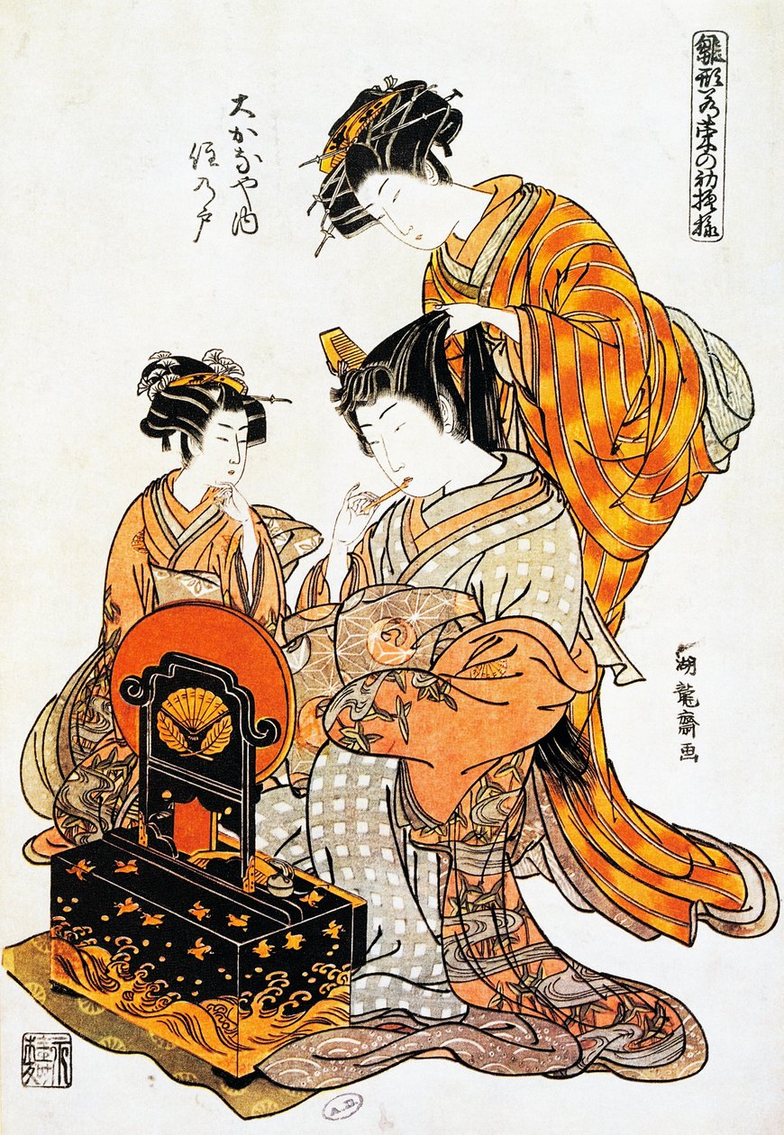 Aynanın önünde saçını tararken kadın, Torii Kiyonaga